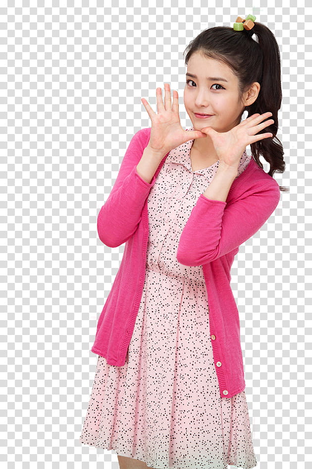 IU, smiling and standing Lee Ji-eun wearing pink cardigan transparent background PNG clipart