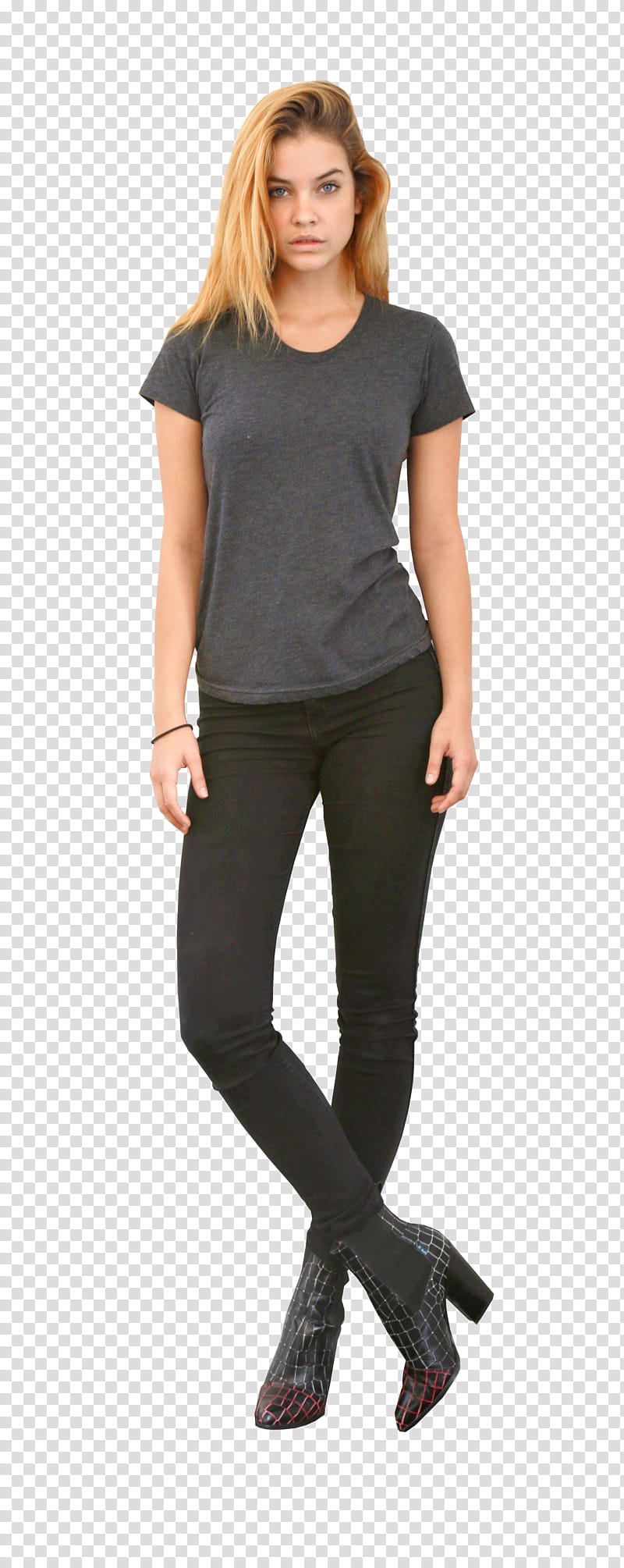 Barbara Palvin, women's gray scoop-neck T-shirt transparent background PNG clipart