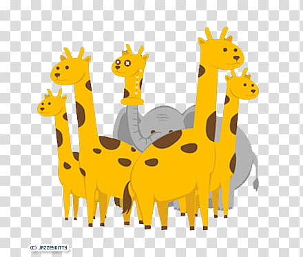 Cute, tower of giraffes with one elephant holding up a giraffe head puppet using trunk illustration transparent background PNG clipart