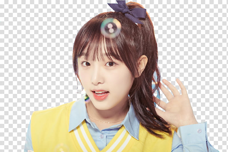 Choi Yena Produce IZ ONE, woman wearing blue and yellow top holding her hair transparent background PNG clipart