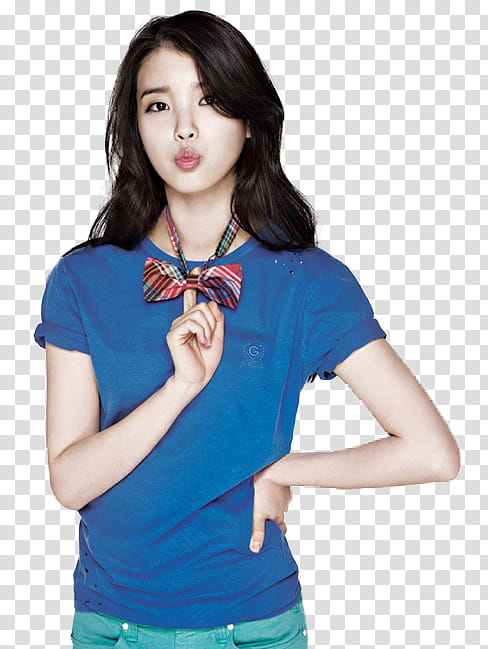 IU, woman holding red and blue bow tie transparent background PNG clipart