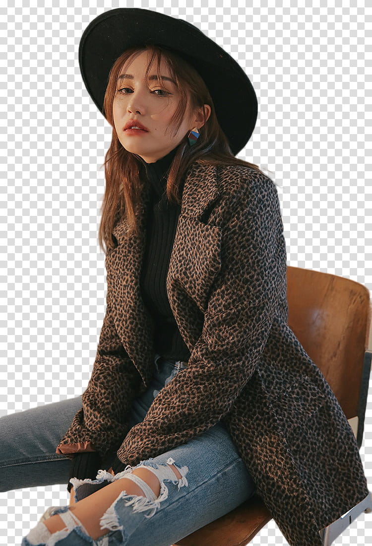 Park Sora STYLENANDA, woman wearing brown and black leopard coat sitting on chair transparent background PNG clipart