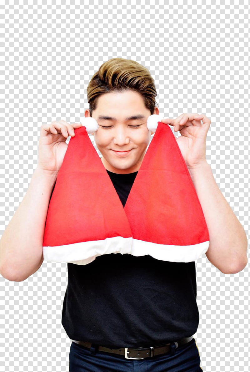 Super JuniorELFJAPAN fukuoka Christmas , man holding Santa Claus hats transparent background PNG clipart