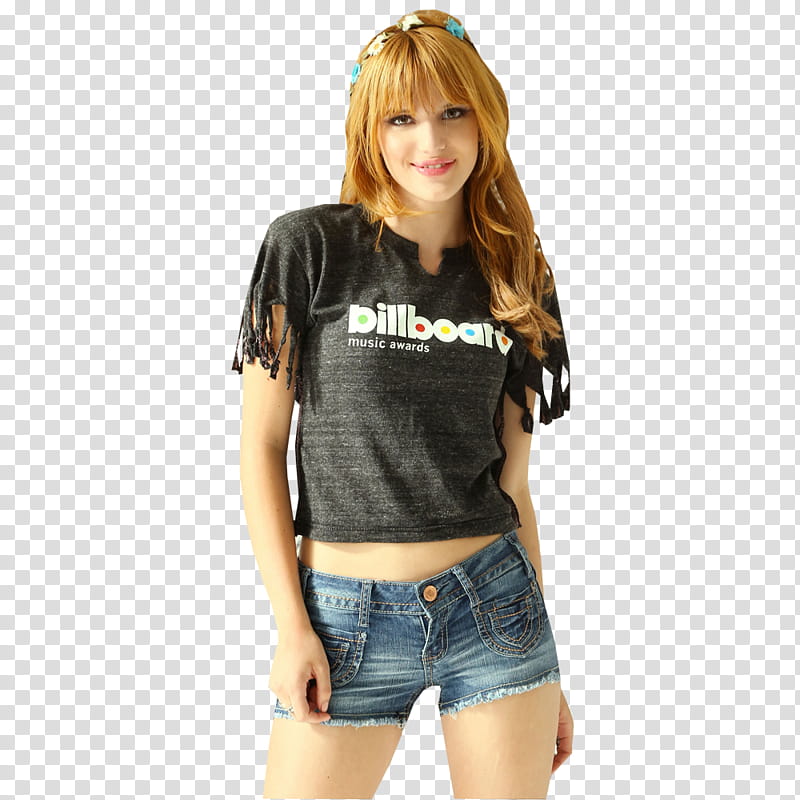 Bella Thorne, woman wearing black billboard-printed t-shirt transparent background PNG clipart