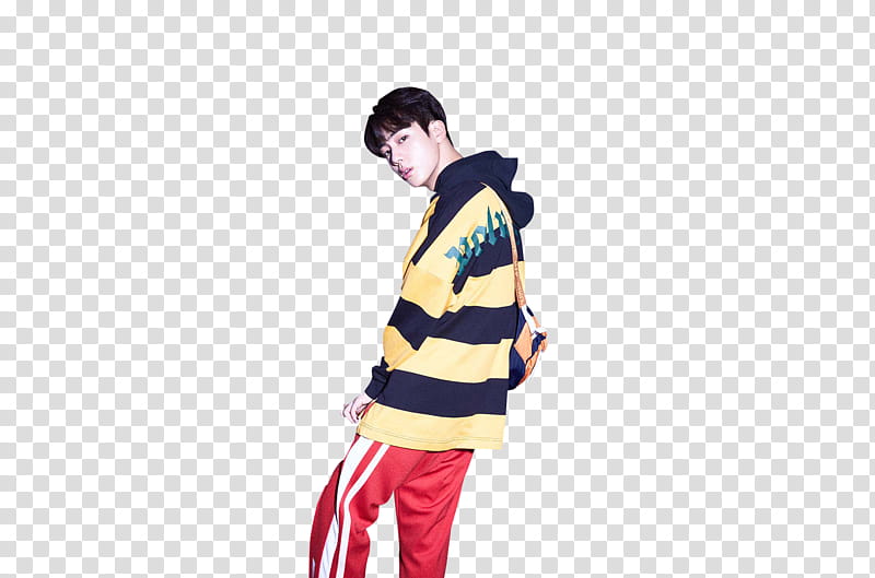 BTS LOVE YOURSELF HER E VER, man wearing yellow and black striped hoodie and red and white track pants transparent background PNG clipart