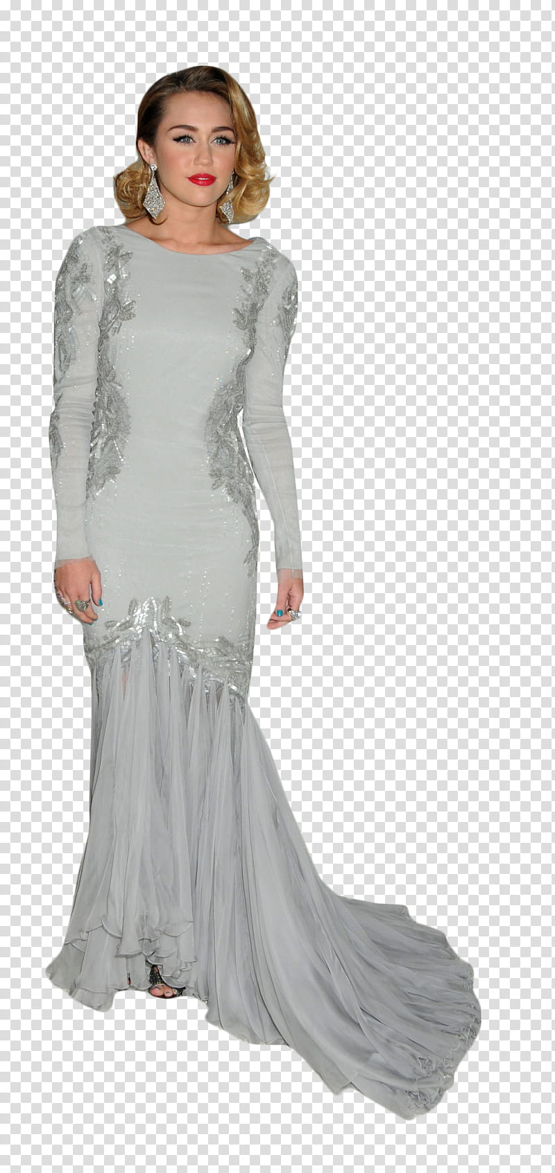 Miley Cyrus, blonde haired woman in gray long-sleeved dress transparent background PNG clipart