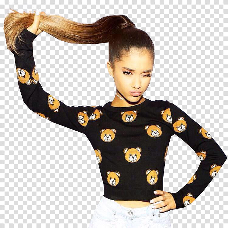 Ariana Grande, woman wearing black and brown long-sleeved shirt holding her hair transparent background PNG clipart