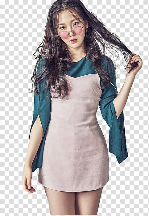 MOMOLAND, standing woman holding her hair while wearing green and beige dress transparent background PNG clipart