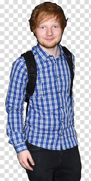 Ed Sheeran , Ed Sheeran wearing blue, white, and black plaid button-up long-sleeved shirts, black pants, and black back transparent background PNG clipart