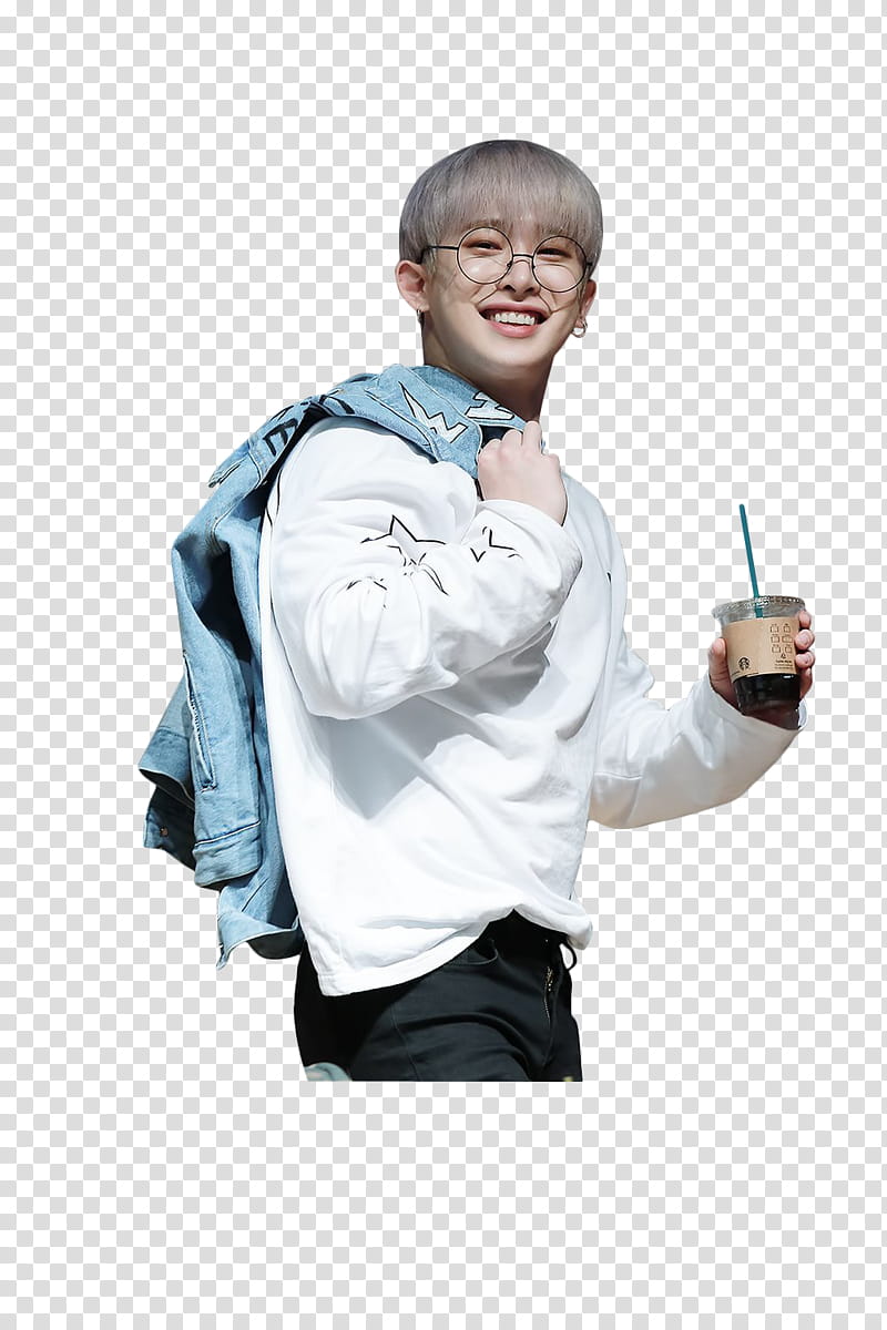 WONHO MONSTA X , man in eyeglasses, white long-sleeved shirt, and black bottoms holding cup with straw transparent background PNG clipart