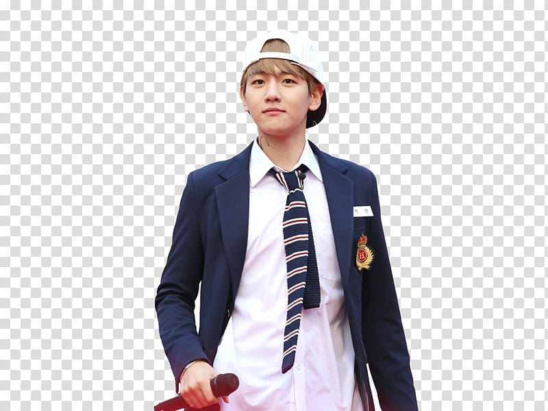 Baekhyun, man wearing white cap and blue peaked lapel suit jacket transparent background PNG clipart