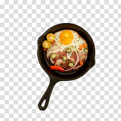 Food, fried egg with meat and sliced lemons transparent background PNG clipart