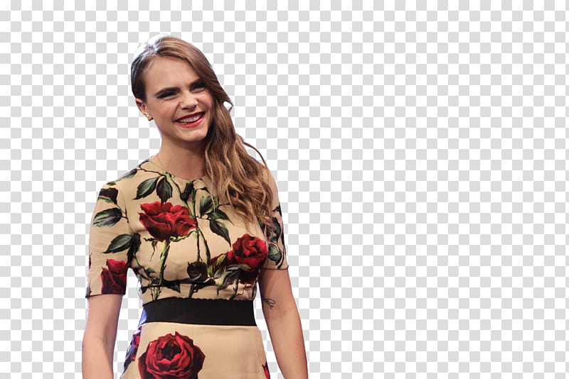 Cara Delevingne , smiling woman wearing brown and red floral dress