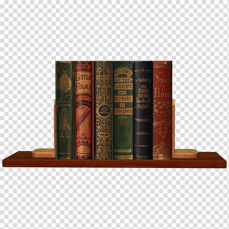 D Books On A Shelf, six assorted book on bookcase transparent background PNG clipart