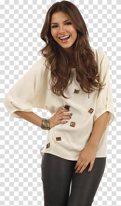 victoria justice, smiling woman in beige long-sleeved blouse with right hand on waist transparent background PNG clipart