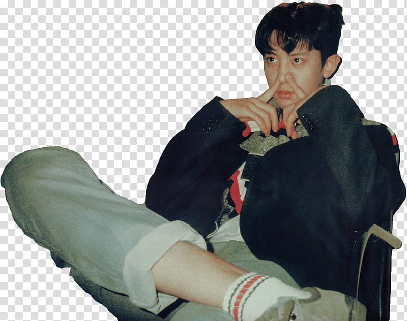 Chanyeol EXO, man sitting on chair while holding his nose transparent background PNG clipart