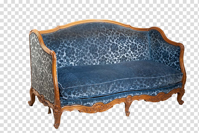 antique sofa, brown framed blue floral padded -seat sofa art transparent background PNG clipart