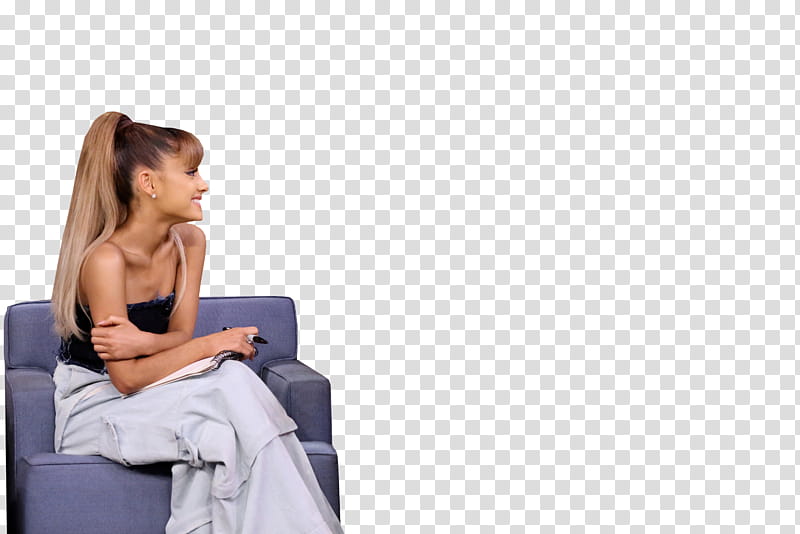 Ariana Grande, Ariana Grande holding pen while sitting on blue fabric sofa chair transparent background PNG clipart
