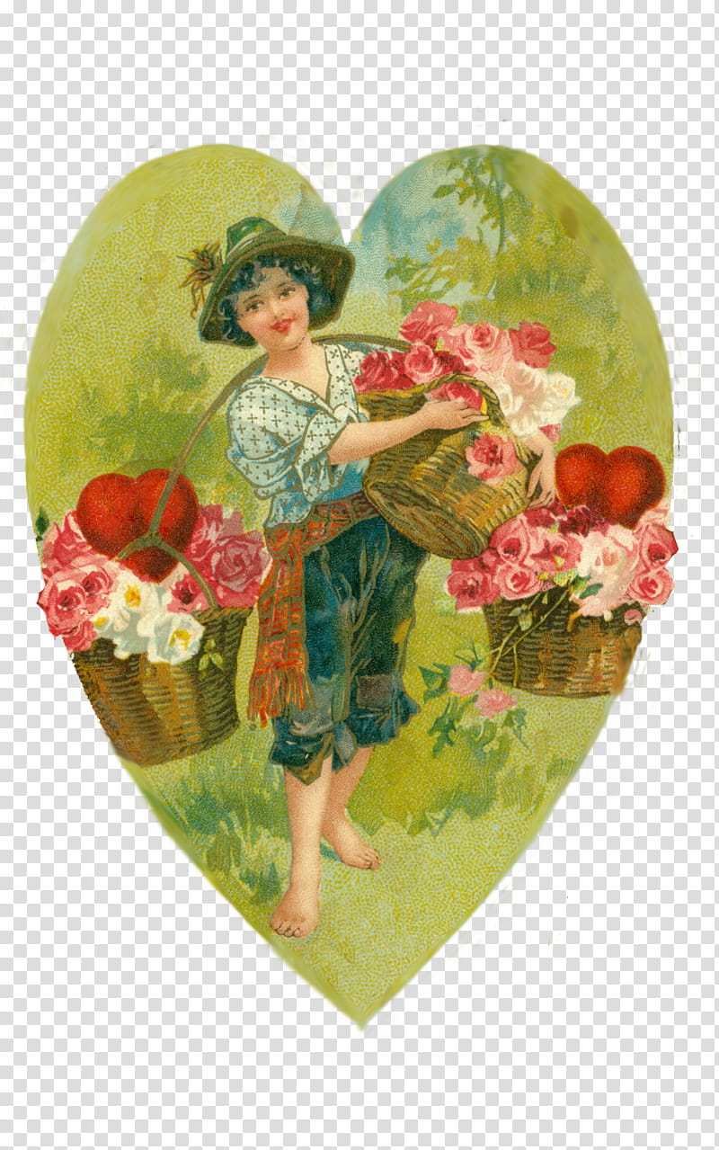 Vintage valentines clips, woman carrying baskets with flowers painting transparent background PNG clipart