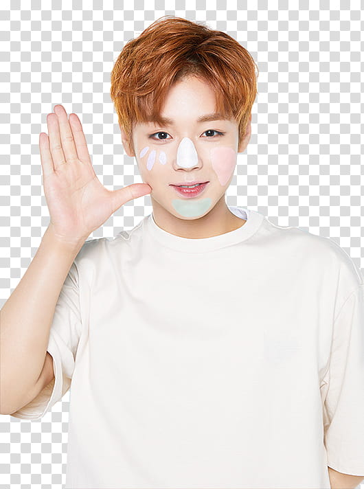 Wanna One Innisfree P, man wearing white crew-neck t-shirt doing hand gestures transparent background PNG clipart