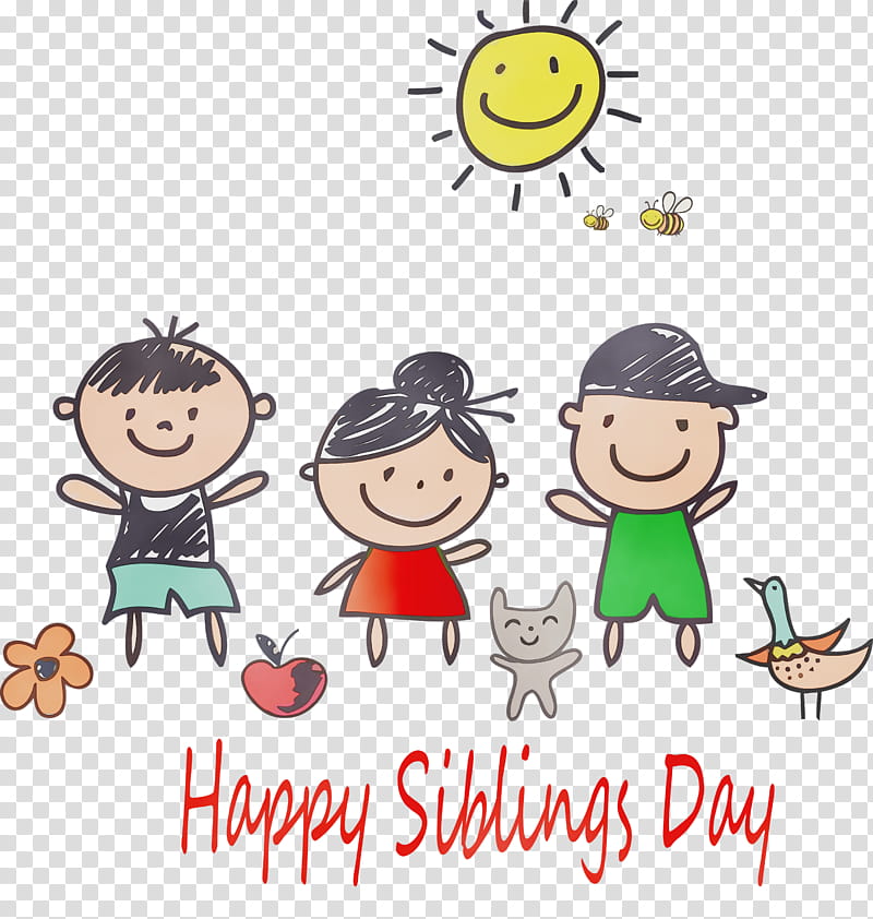 cartoon text sharing happy interaction, Siblings Day, Happy Siblings Day, National Siblings Day, Watercolor, Paint, Wet Ink, Cartoon transparent background PNG clipart