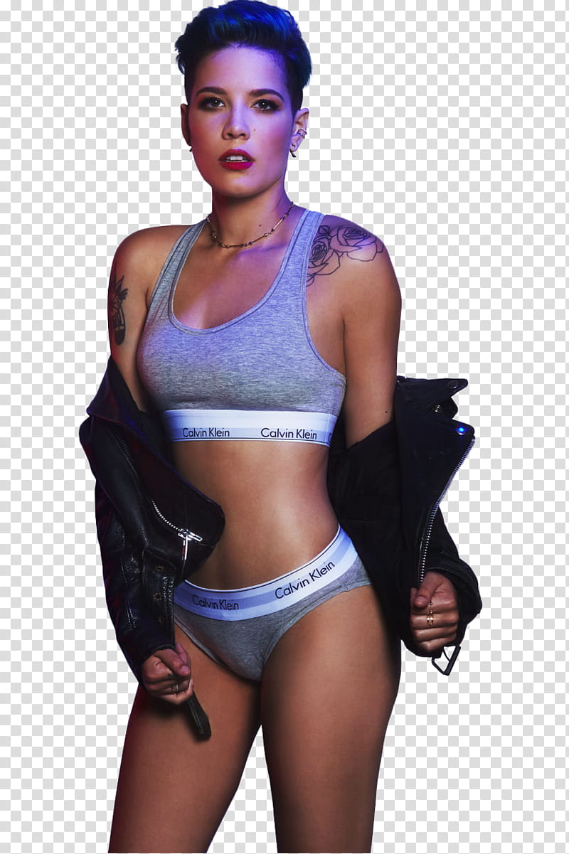 Halsey, woman wearing gray Calvin Klein sports bra and panties transparent  background PNG clipart | HiClipart