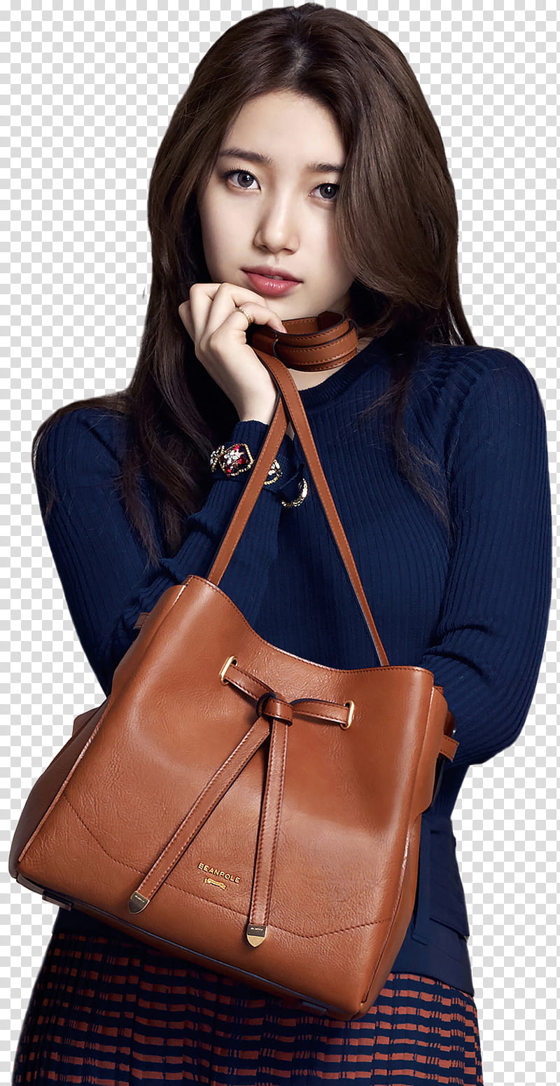 Bae Suzy, woman wearing blue sweater holding brown leather bag transparent background PNG clipart