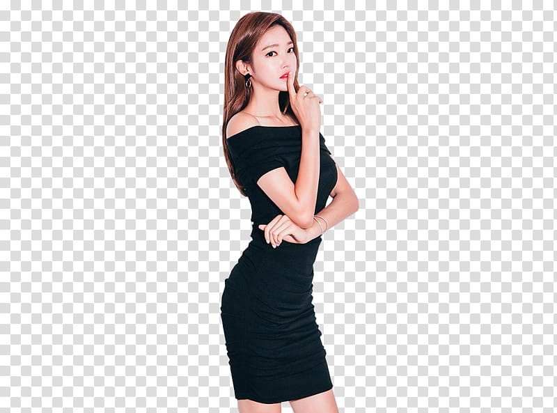 PARK JUNG YOON, woman wearing black off-shoulder bodycon dress with hands doing silent gesture transparent background PNG clipart