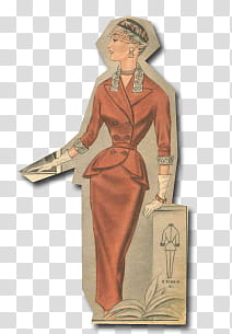 retro vintage fashion, woman wearing red peplum dress leaning on pedestal illustration transparent background PNG clipart