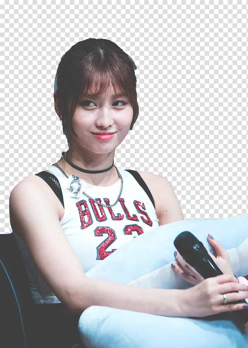RENDER TWICE MOMO  s, smiling woman in white and red Chicago Bulls  jersey shirt sitting and holding black microphone transparent background PNG clipart