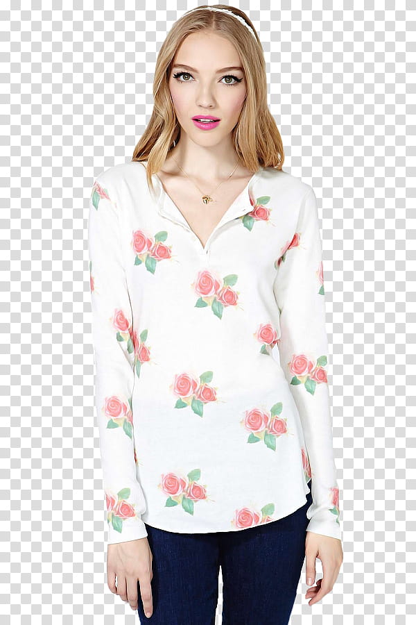Female Model Allie Lewis, woman wearing white, red, and green floral long-sleeved shirt transparent background PNG clipart
