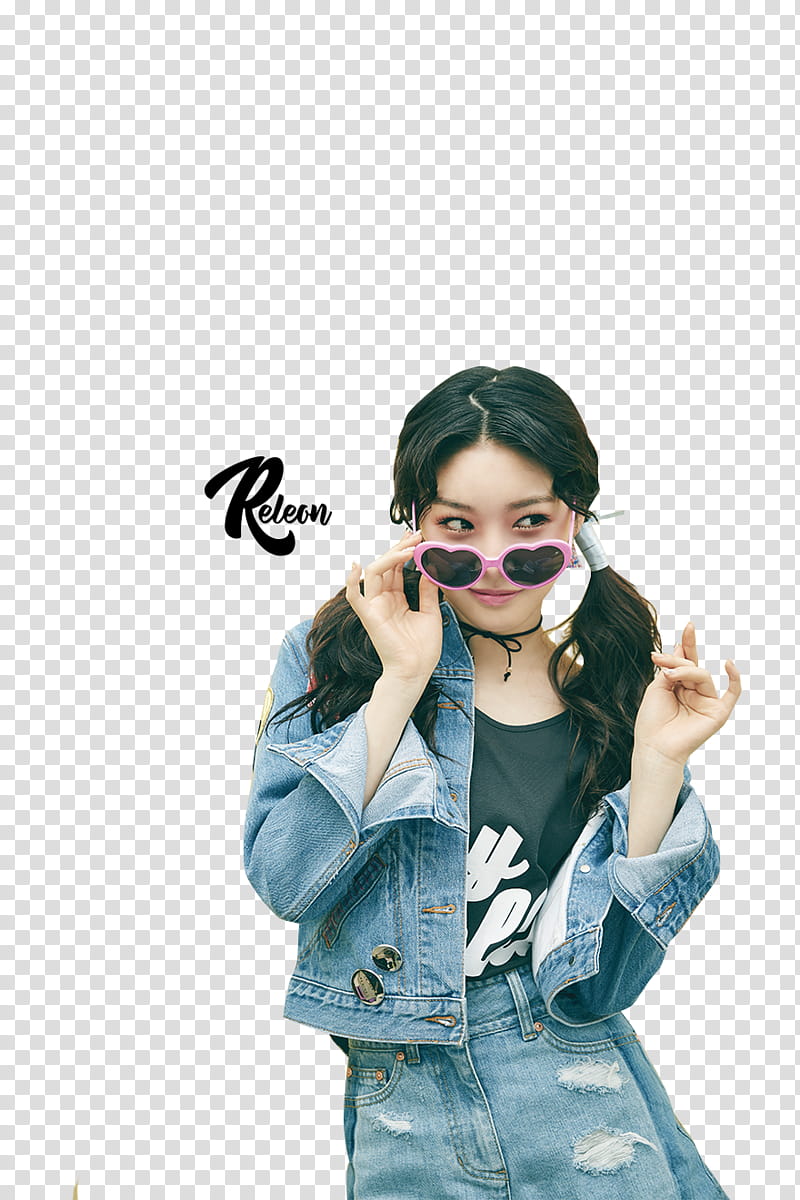 Kim Chungha, smiling woman in blue denim jacket holding sunglasses transparent background PNG clipart