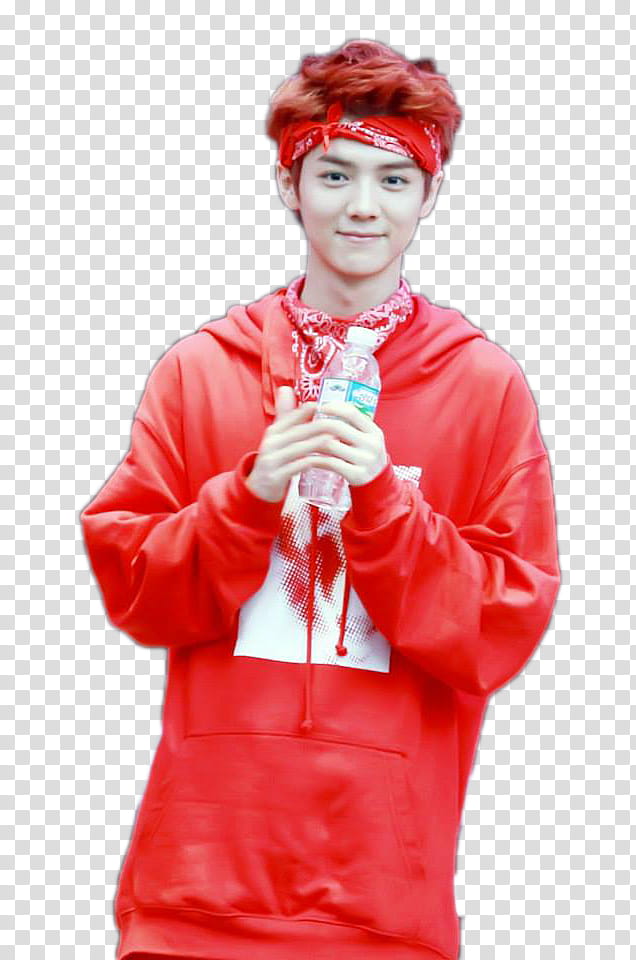 Render Luhan , man in red drawstring pullover hooded jacket holding water bottle transparent background PNG clipart