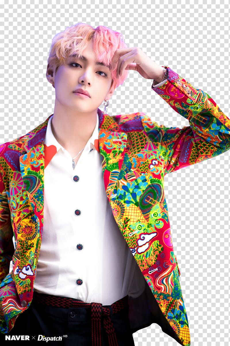 BTS, pink haired man in multicolored coat transparent background PNG clipart