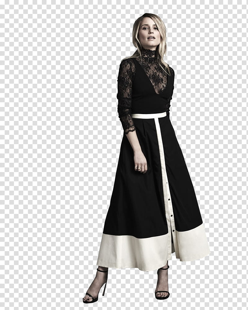 Dianna Agron La Ligne shoot, standing woman wearing black and white lace long-sleeved dress transparent background PNG clipart