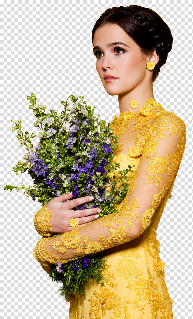 Zoey Deutch, woman standing and hugging bouquet of flowers transparent background PNG clipart