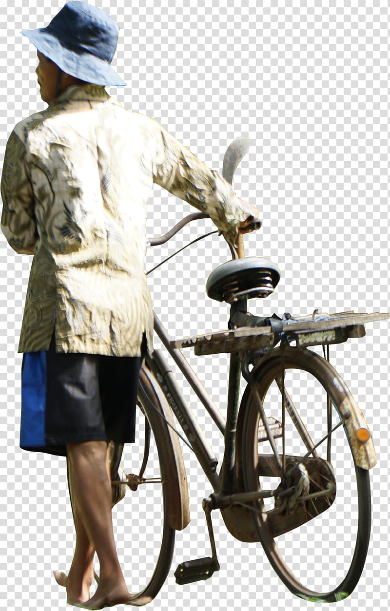 Human, barefooted man standing while holding his bike transparent background PNG clipart