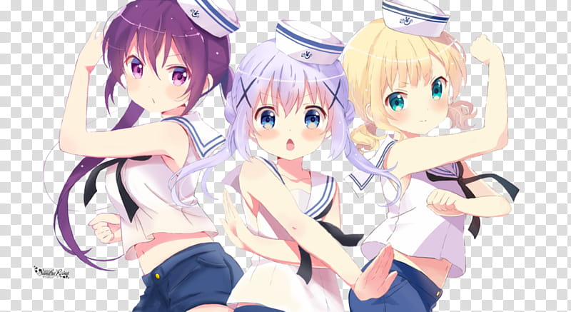 [Render #] Gochuumon wa Usagi Desu ka, three girls wearing nautical costumes illustration transparent background PNG clipart