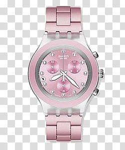 , round pink Swatch chronograph watch with link bracelet transparent background PNG clipart