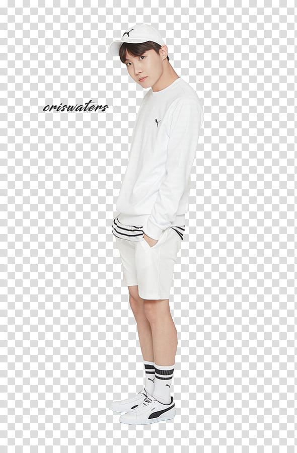 BTS for PUMA, man standing while wearing white crew-neck sweater transparent background PNG clipart