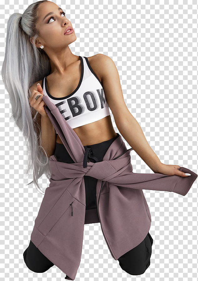  ARIANA GRANDE, Ariana Grande wearing white and black Reebok sleeveless crop-top transparent background PNG clipart