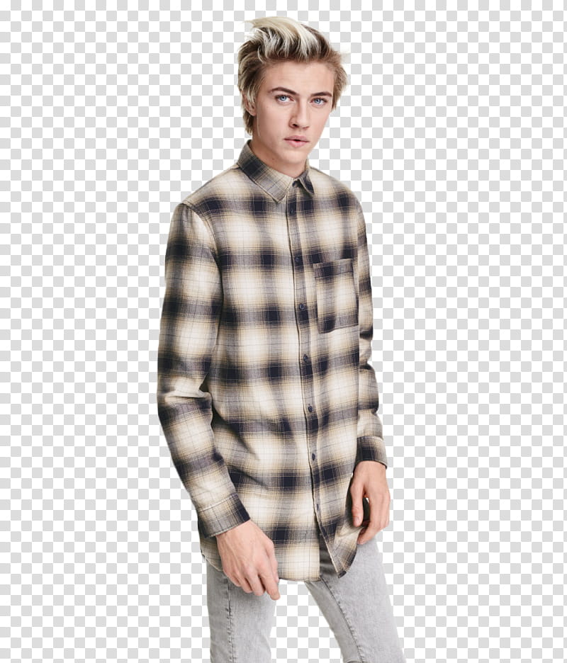 Lucky Blue Smith, men's white and black plaid dress shirt transparent background PNG clipart