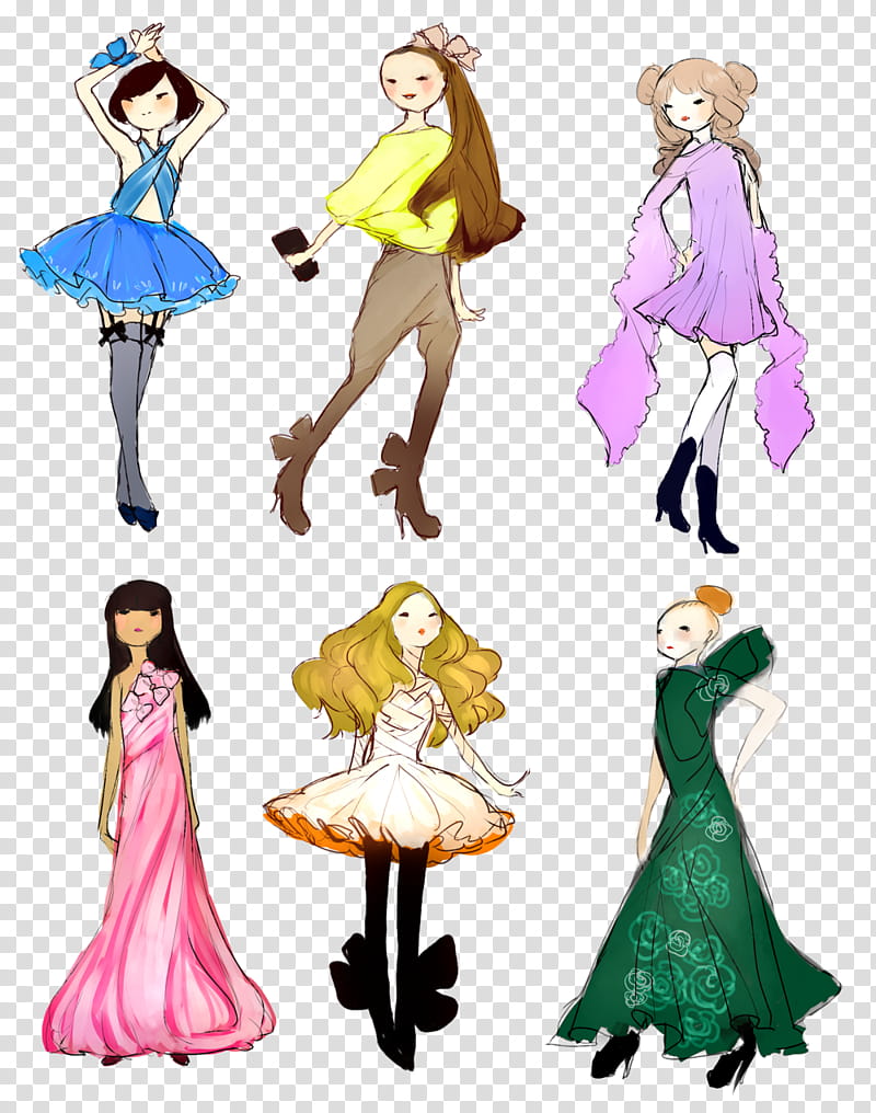 fashion drawings, six female animated characters art transparent background PNG clipart