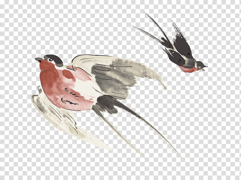 Chinese style , two white, red, and black birds illustration transparent background PNG clipart