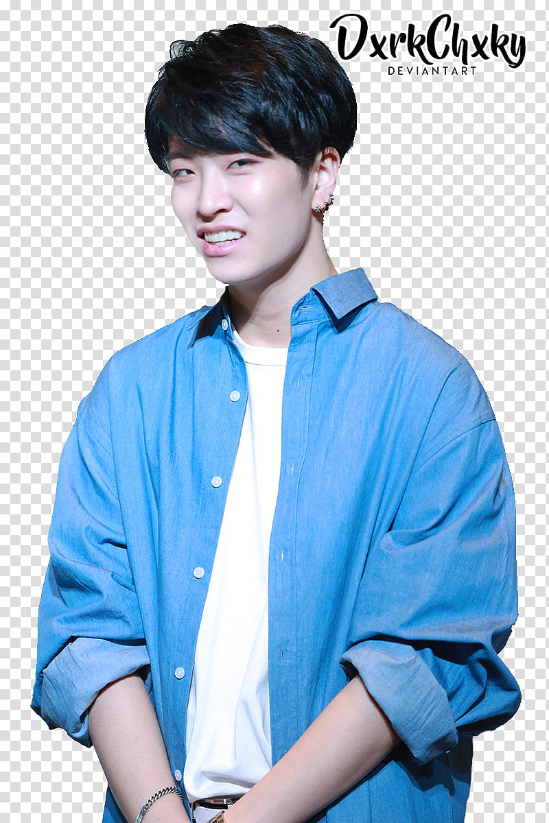 Youngjae GOT, man wearing white crew-neck shirt and blue dress shirt transparent background PNG clipart