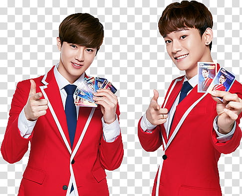 EXO KFC CHINA, two men holding cards transparent background PNG clipart