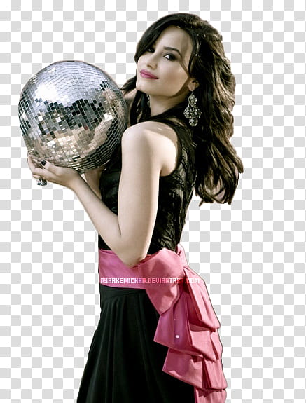 Demi Lovato , woman wearing black and pink dress carrying disco ball transparent background PNG clipart