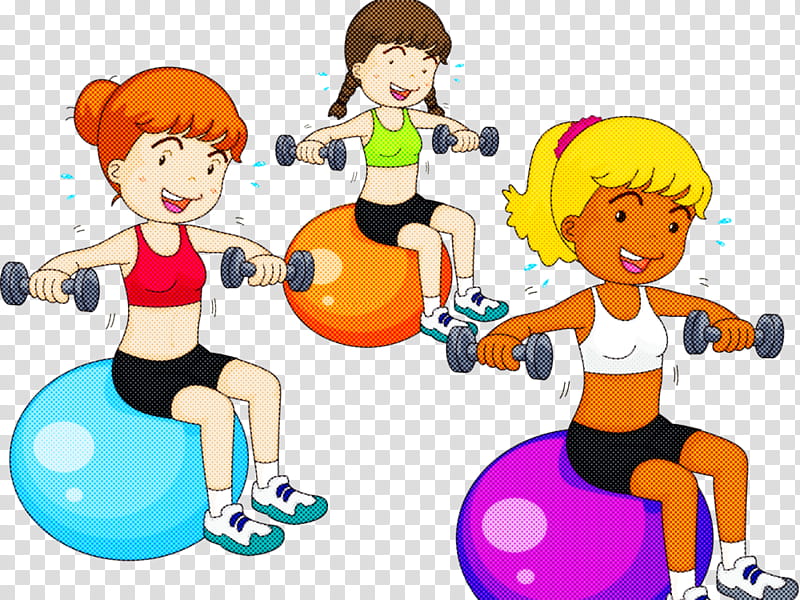 Cartoon physical fitness exercise equipment swiss ball playing sports ...