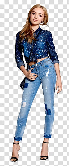 Peyton List, woman wearing blue long-sleeved top and blue jeans transparent background PNG clipart