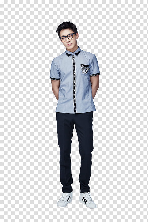 iKON Smart P, man standing wearing blue and black button-up dress shirt and black pants transparent background PNG clipart